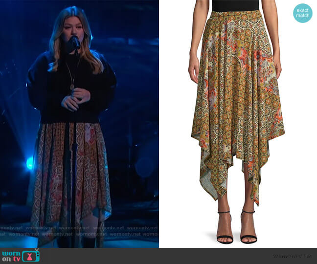 Free People Stay Awhile Print Handkerchief Skirt worn by Kelly Clarkson on The Kelly Clarkson Show