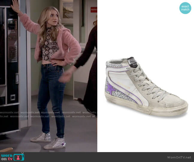 Golden Goose Slide High Top Sneaker in Glitter/Purple worn by Gina Dabrowski (Annaleigh Ashford) on B Positive