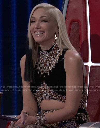 Gwen’s black embellished cutout mini dress on The Voice