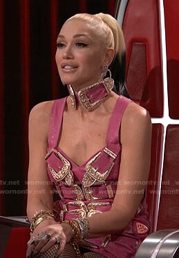 Gwen’s pink belt embellished dress on The Voice