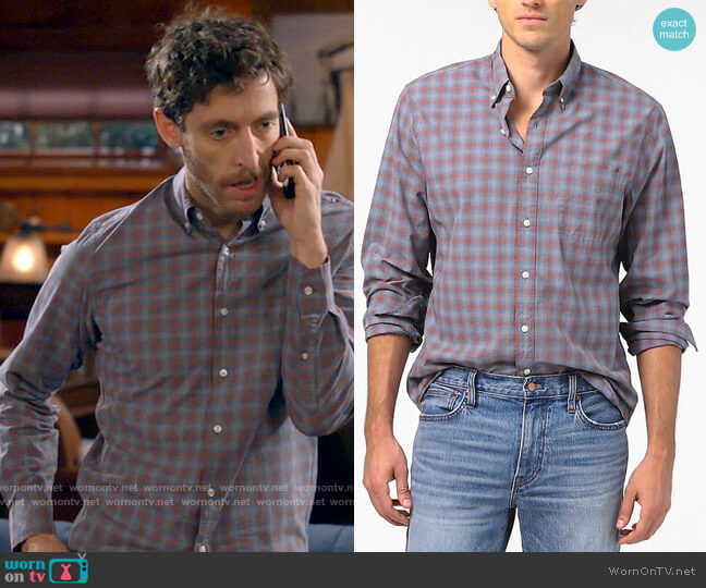 J. Crew Slim Untucked Stretch Secret Wash shirt in mosaic plaid organic cotton worn by Drew Dunbar (Thomas Middleditch) on B Positive