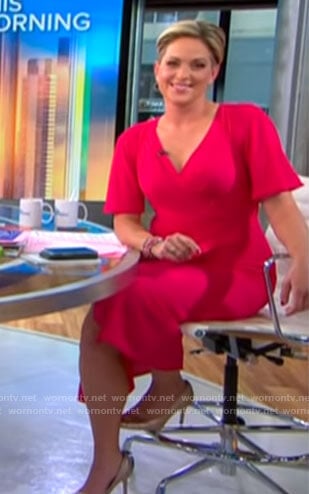 Jamie Yuccas’s red flutter sleeve faux wrap dress on CBS This Morning