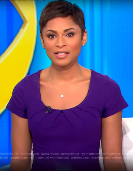Jericka Duncan’s purple pleated neckline dress on CBS This Morning