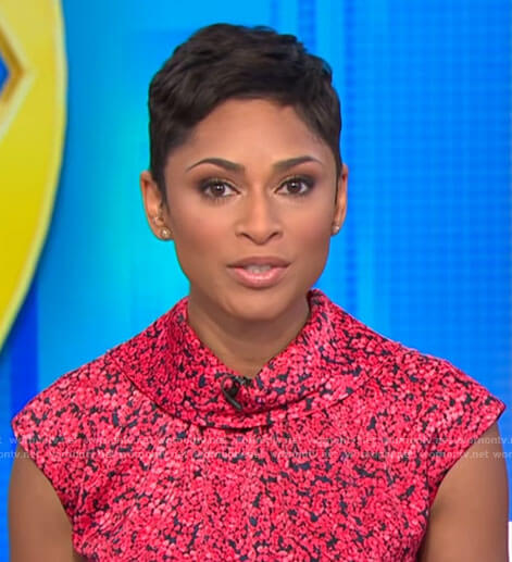Jericka Duncan’s red floral roll neck dress on CBS This Morning