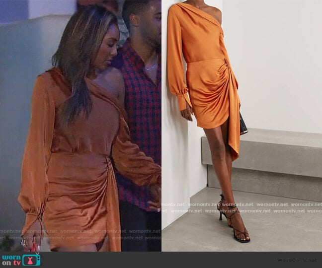 Jonathan Simkhai Alice draped one-shoulder satin blouse worn by Tayshia Adams on The Bachelorette