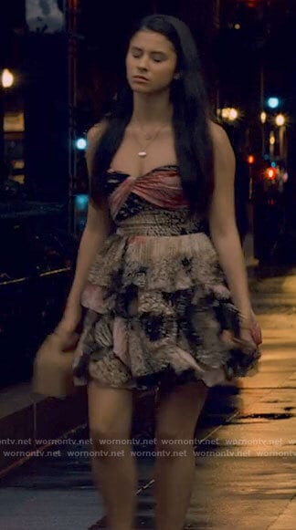 June’s printed strapless dress on Tiny Pretty Things