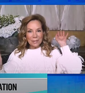 Kathie’s white cable knit fringed sweater on E! News Daily Pop