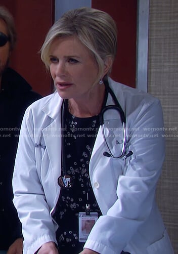 Kayla’s black floral print mini dress on Days of our Lives