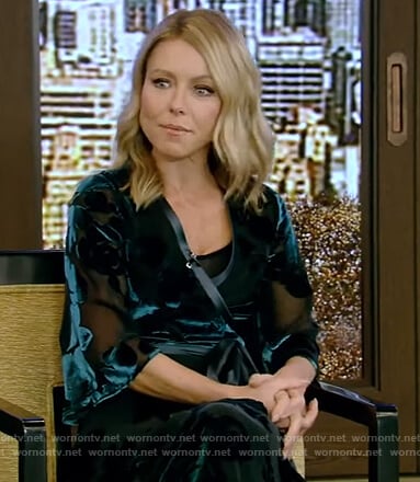 Kelly’s blue velvet trim wrap dress on Live with Kelly and Ryan