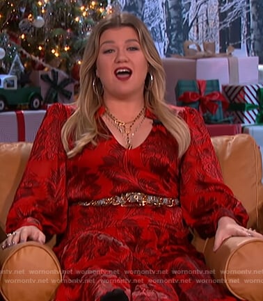 Kelly’s red floral tie waist maxi dress on The Kelly Clarkson Show