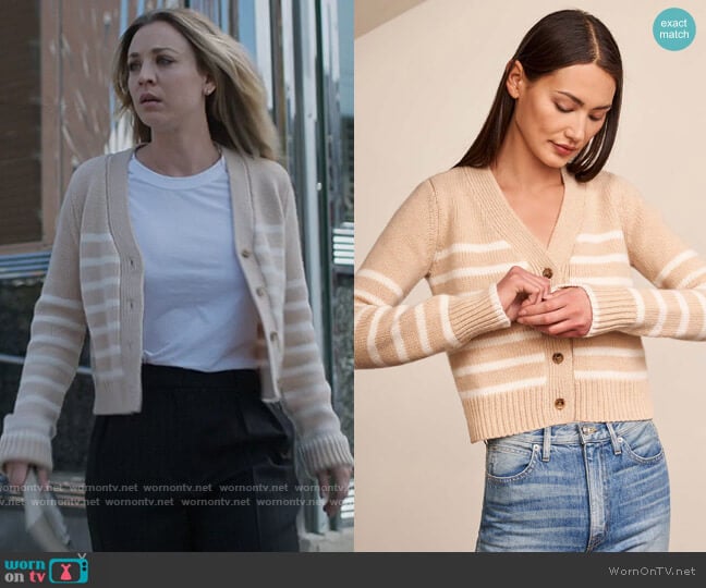 La Ligne Mini Marin Cardigan in Camel/Cream worn by Cassie Bowden (Kaley Cuoco) on The Flight Attendant