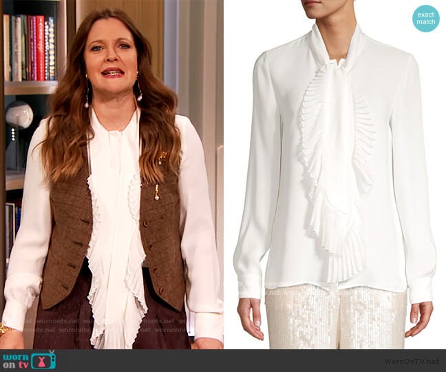 Lafayette 148 New York Bates Pleated Neckline Silk Blouse worn by Drew Barrymore on The Drew Barrymore Show