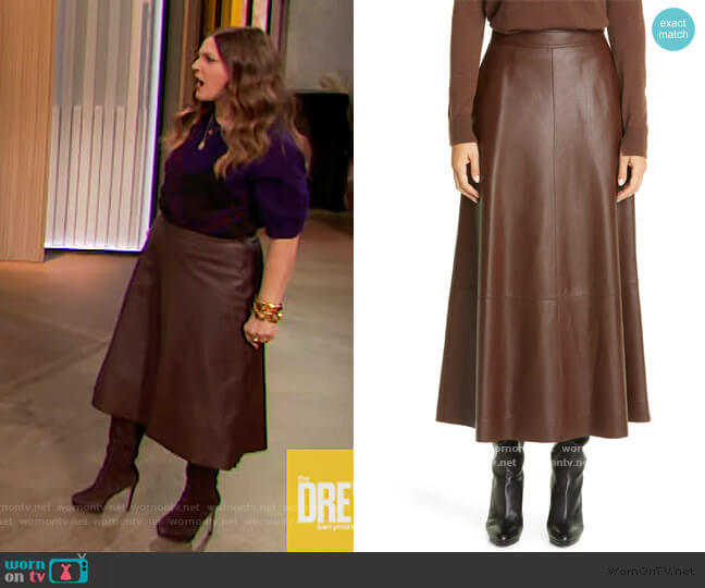 Lafayette 148 Sumner Plonge Leather Midi Skirt worn by Drew Barrymore on The Drew Barrymore Show