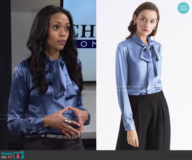 Lily Silk Bow-tie Neck Silk Blouse worn by Amanda Sinclair (Mishael Morgan) on The Young and the Restless