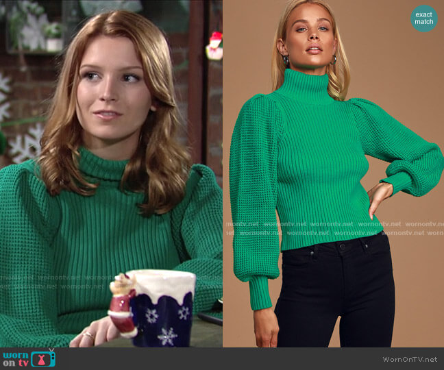 Lulus Ribbed Balloon Sleeve Turtleneck Sweater worn by Jordan (Madison Thompson) on The Young and the Restless