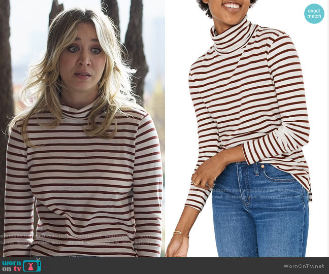 Madewell Whisper Cotton Turtleneck in Baker Stripe worn by Cassie Bowden (Kaley Cuoco) on The Flight Attendant