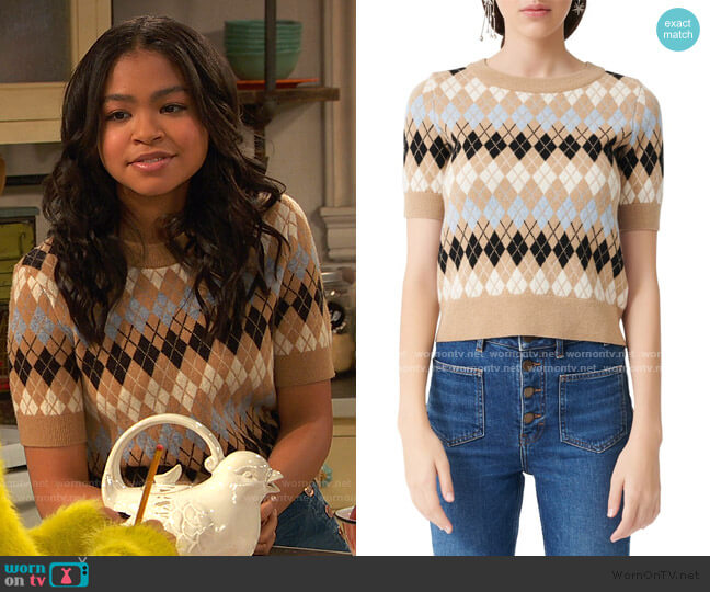 Maje Short Sleeve Wool Blend Argyle Sweater worn by Nia Baxter (Navia Robinson) on Ravens Home