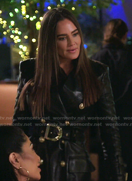 Meredith’s black leather belted coat on The Real Housewives of Salt Lake City