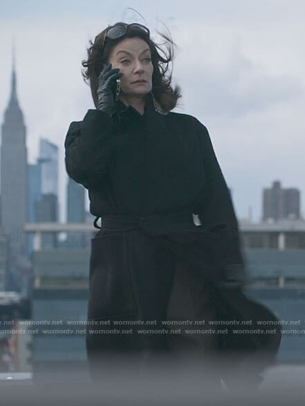 Miranda’s black wrap coat on The Flight Attendant