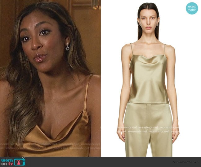 Nanushka Khaki Satin Johar Tank Top worn by Tayshia Adams on The Bachelorette