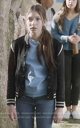 Natalie’s black contrast bomber jacket on The Unicorn