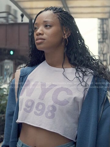 Neveah’s purple NYC 1998 crop tee on Tiny Pretty Things