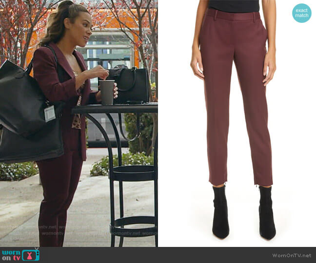 Nili Lotan Leo Slim Stretch Wool Pants in Burgundy worn by Emily Lopez (Jessica Camacho) on All Rise