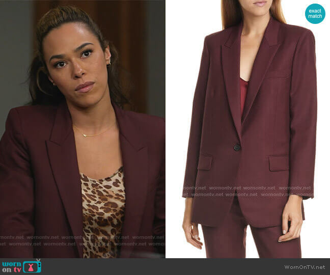 Nili Lotan Diane Stretch Wool Blazer in Burgundy worn by Emily Lopez (Jessica Camacho) on All Rise