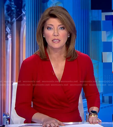 Norah’s red surplice peplum dress on CBS Evening News