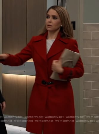 Olivia’s red buckle belted coat on General Hospital
