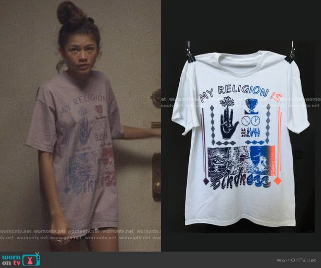 Online Ceramics My Religion is Kindness T-shirt worn by Rue Bennett (Zendaya) on Euphoria