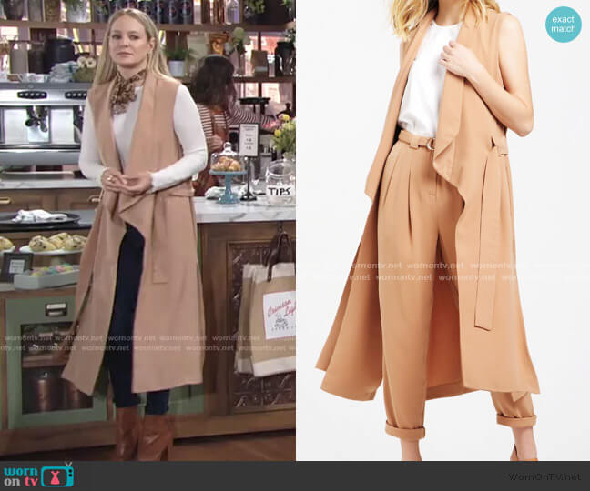 Paisie Sleeveless Draped Longline Jacket With Tie Belt worn by Sharon Newman (Sharon Case) on The Young and the Restless