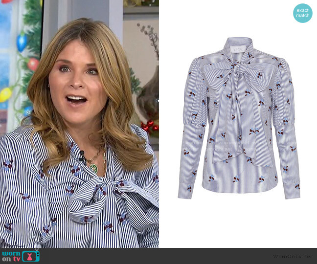 Pearl by Lela Rose Embroidered Stripe Pussy Bow Top worn by Jenna Bush Hager on Today
