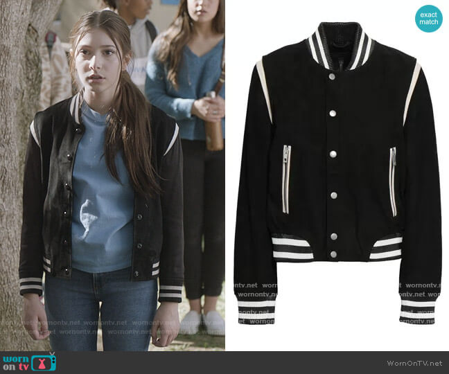 Rag and Bone Baela suede bomber jacket worn by Natalie (Makenzie Moss) on The Unicorn