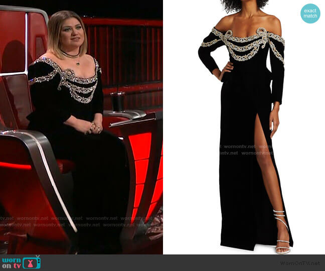 Raisa Vanessa Off-The-Shoulder Jeweled Velvet Gown worn by Kelly Clarkson on The Voice