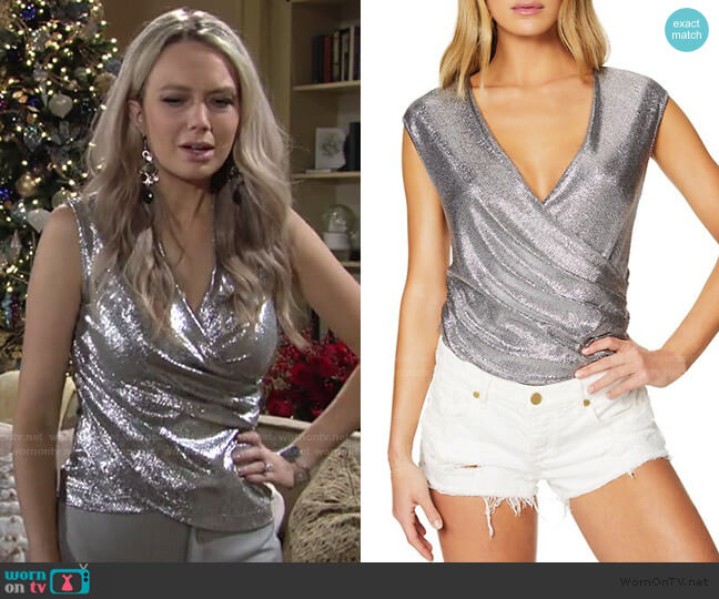 Ramy Brook Rumi Faux-Wrap Foil Top worn by Abby Newman (Melissa Ordway) on The Young and the Restless