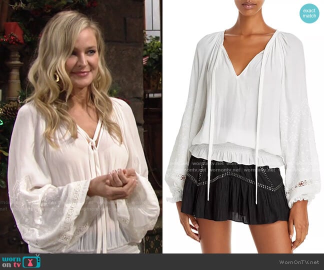 Ramy Brook Romy Embroidered Peasant Top worn by Sharon Newman (Sharon Case) on The Young and the Restless