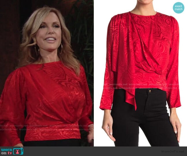 Ronny Kobo Monet Silk Blend Jacquard Draped Blouse worn by Lauren Fenmore (Tracey Bregman) on The Young and the Restless