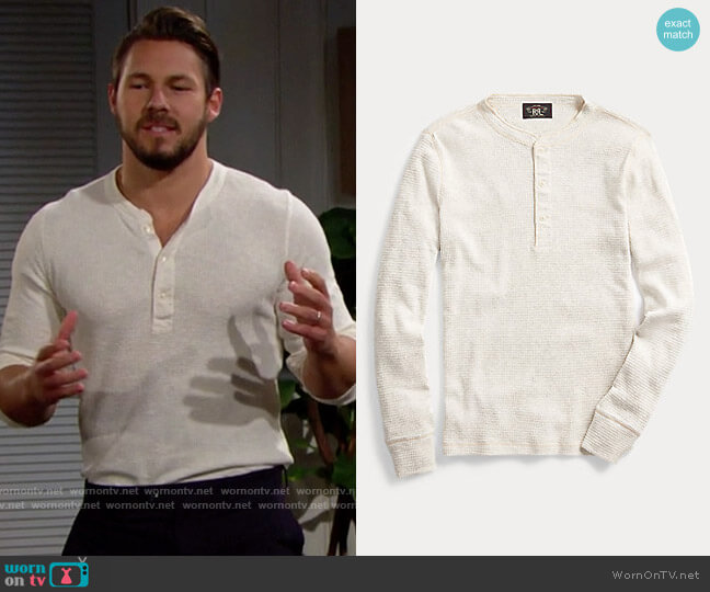 RRL Waffle-Knit Henley Shirt in Oat Heather worn by Liam Spencer (Scott Clifton) on The Bold and the Beautiful