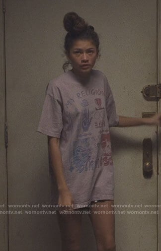 Rue’s purple My Religion is Kindness t-shirt on Euphoria