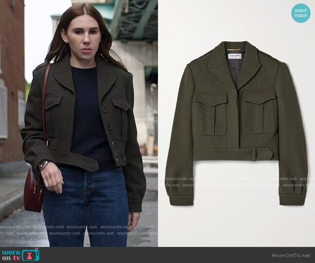 Saint Laurent Cropped wool-gabardine jacket worn by Annie (Zosia Mamet) on The Flight Attendant