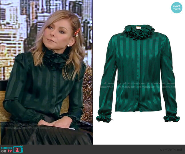 Saint Laurent Ruffled striped silk-satin blouse worn by Kelly Ripa on Live with Kelly and Mark