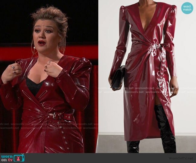 Saint Laurent Latex Midi Wrap Dress worn by Kelly Clarkson on The Voice