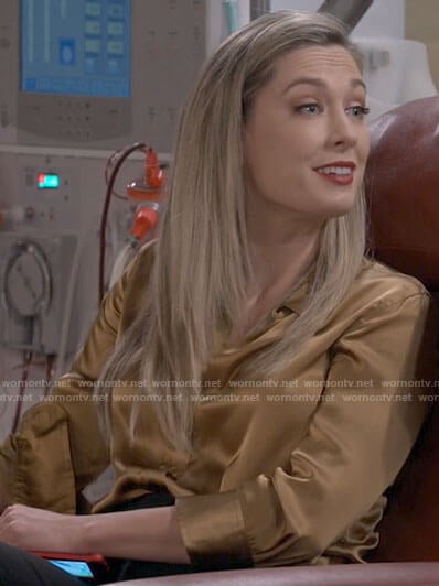 Samantha’s gold button down blouse on B Positive