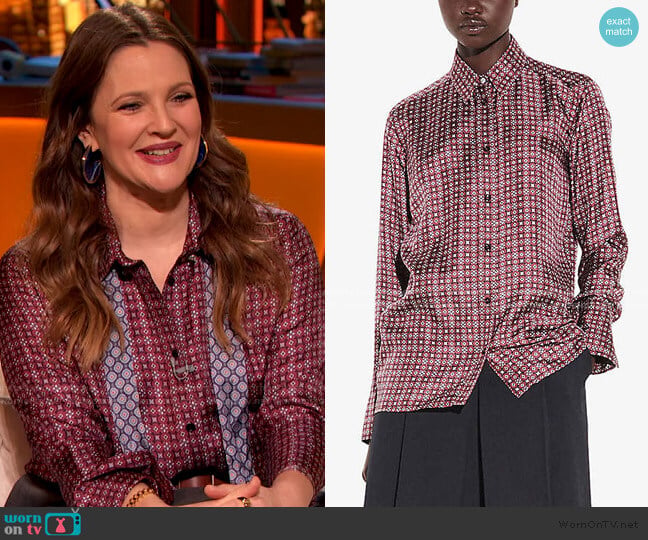 Sandro Geometric Floral-Print Silk-Twill Shirt worn by Drew Barrymore on The Drew Barrymore Show