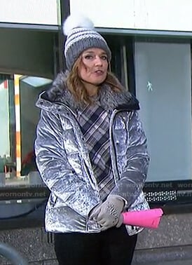 Savannah’s plaid top and velvet puffer jacket on Today