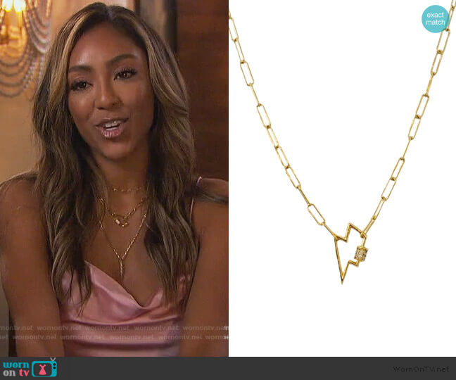 Shalla Wista Gold Crystal Lightening Bolt Lock Necklace worn by Tayshia Adams on The Bachelorette
