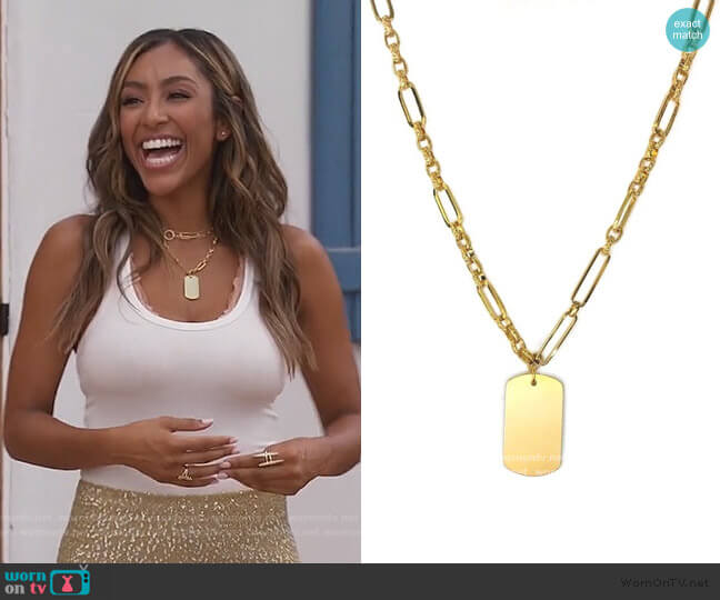 Shalla Wista Large Gold Dog Tag Necklace worn by Tayshia Adams on The Bachelorette