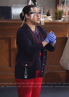Sherri’s navy contrast stitch cardigan on All Rise