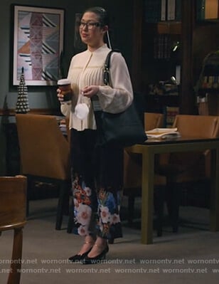 Sherri’s black floral print pants on All Rise